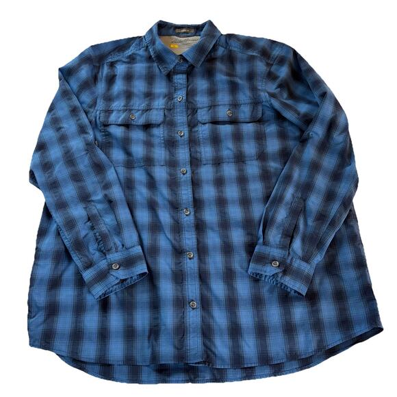 Eddie Bauer Women’s Blue Plaid Travex Roll Tab Sleeve Vented Shirt Size Large - Picture 6 of 16